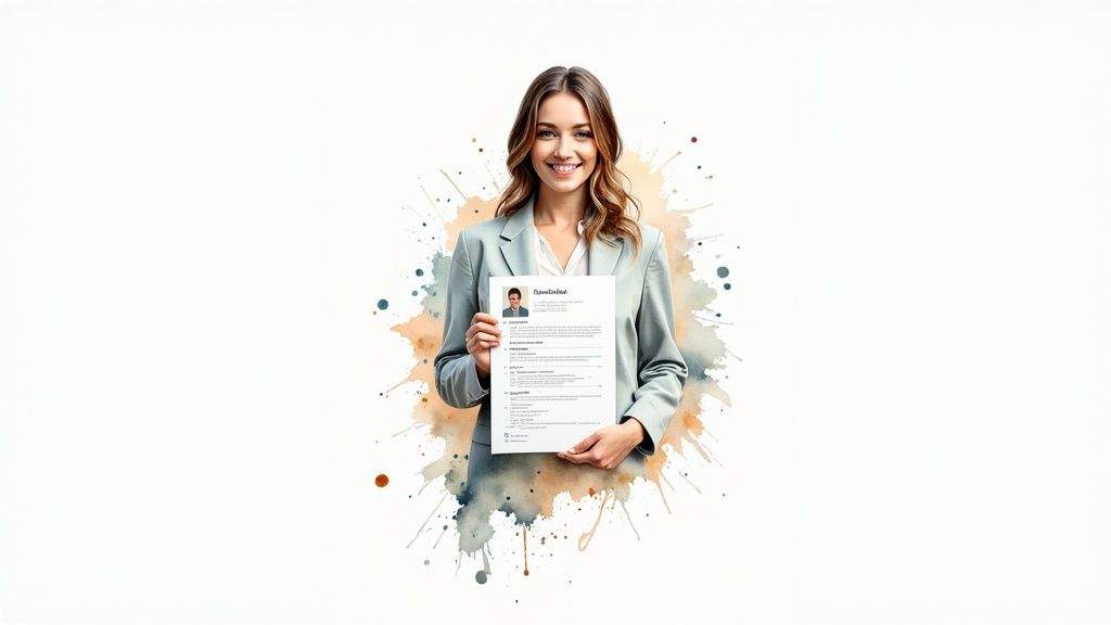 Lächelnde Frau im Anzug hält einen Lebenslauf vor einem farbigen Aquarellhintergrund.