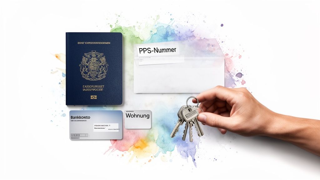 Dokumente wie Reisepass, Bankkonto, PPS-Nummer und Schlüssel für Wohnungseinrichtung, unterstützt von einer Hand.