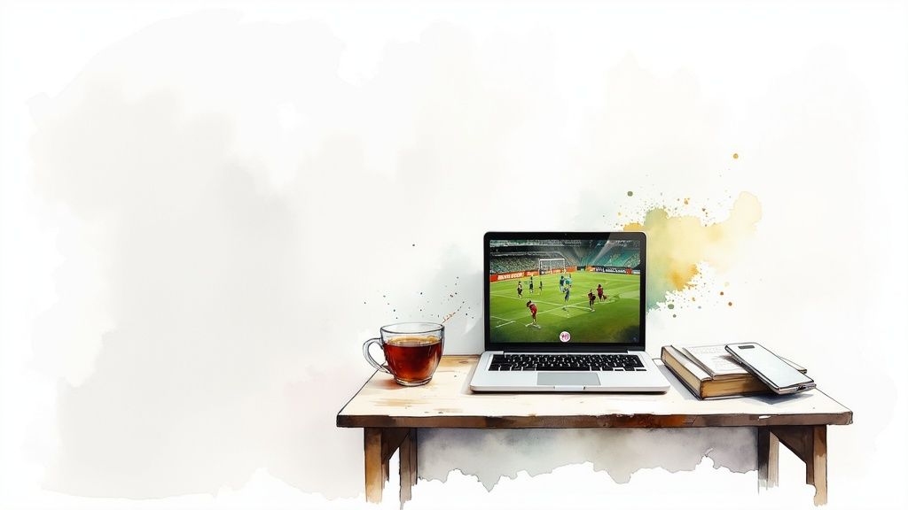 Eine gemütliche Wohnzimmerecke mit einem Sessel, in der eine Person ein Buch liest; im Hintergrund ist eine irische Landschaft durch das Fenster angedeutet.