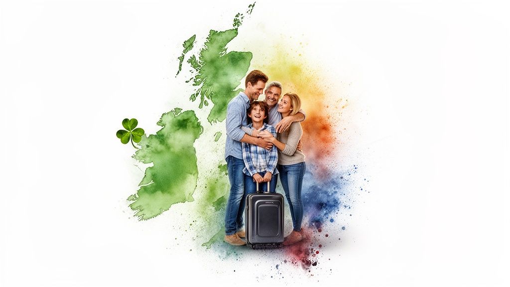 Glückliche Familie mit Koffer vor einer grün gefärbten Karte von Großbritannien und Irland mit Kleeblatt.