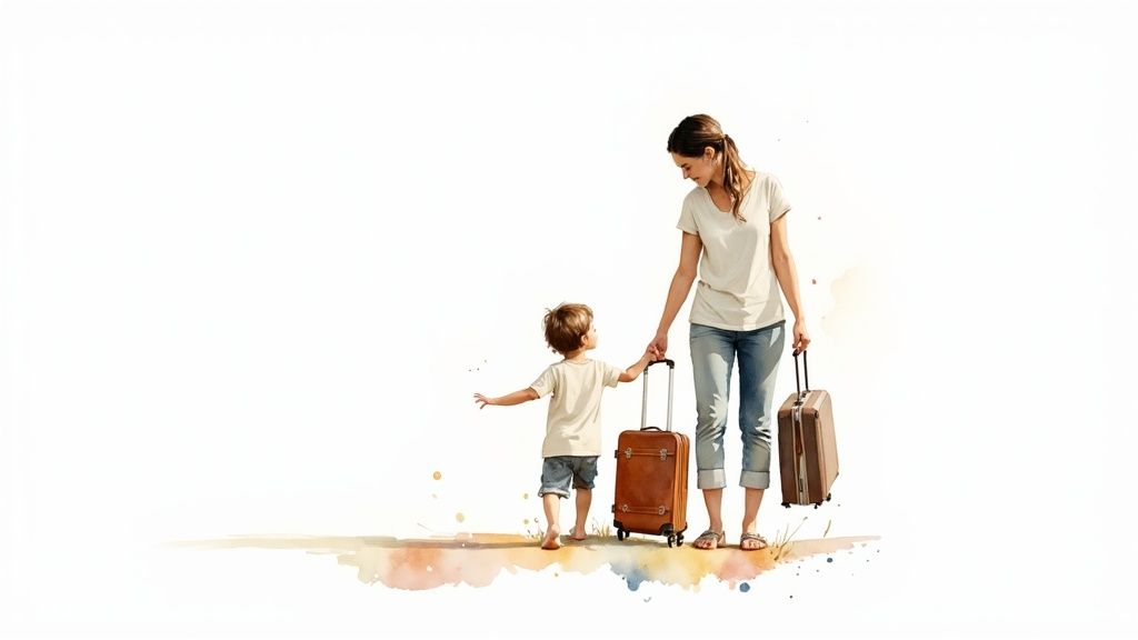 Mutter und Kind reisen mit Koffern ab, mit Aquarell-Elementen am unteren Rand.