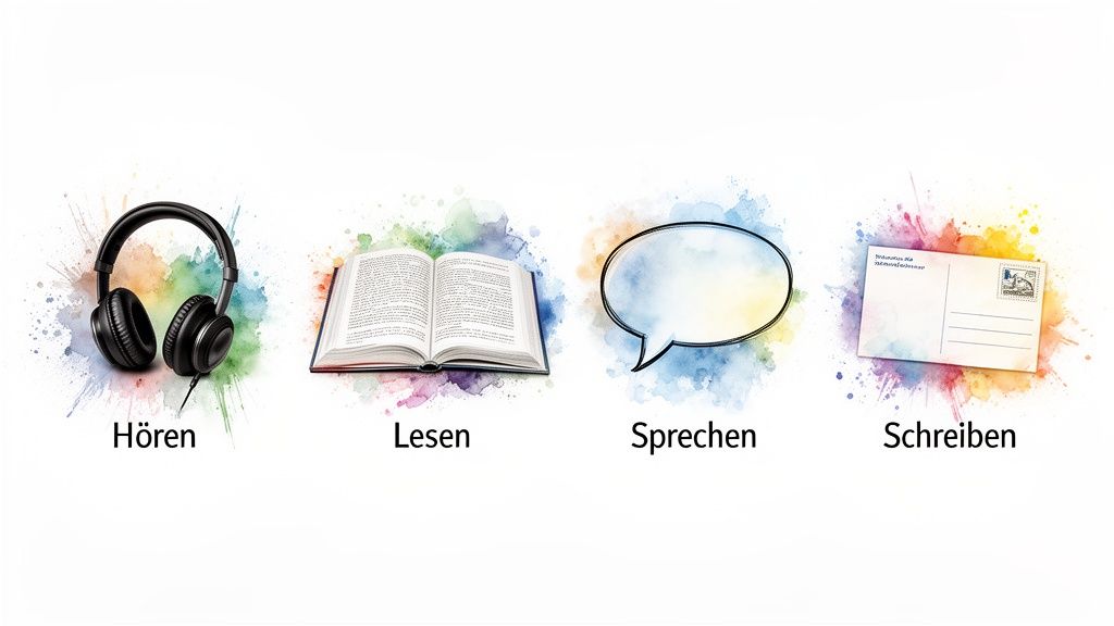Vier Symbole für Sprachkenntnisse: Kopfhörer für Hören, offenes Buch für Lesen, Sprechblase für Sprechen, Postkarte für Schreiben.