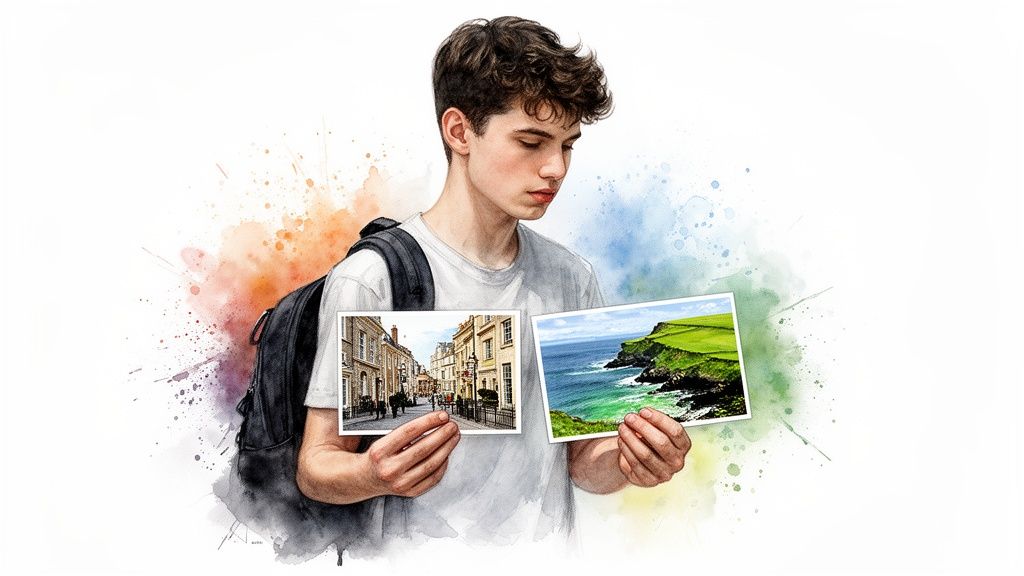 Junger Mann mit Rucksack hält zwei Reisefotos: eine belebte Stadtstraße und eine grüne Küstenlandschaft.