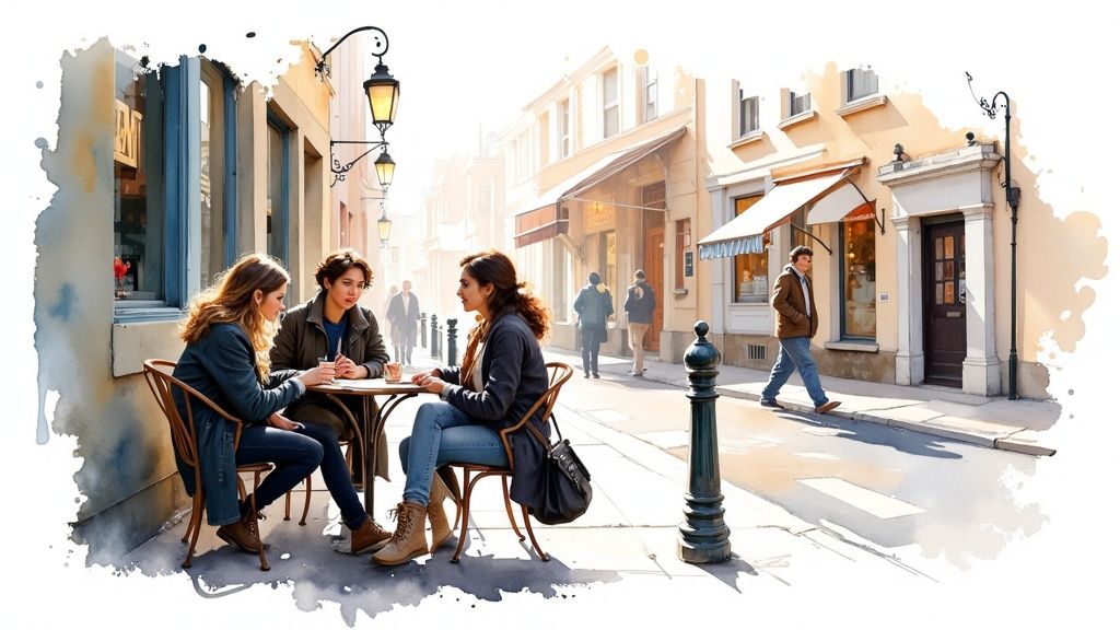 Drei Frauen sitzen an einem Café-Tisch auf einer belebten Straße in einer malerischen Stadt.