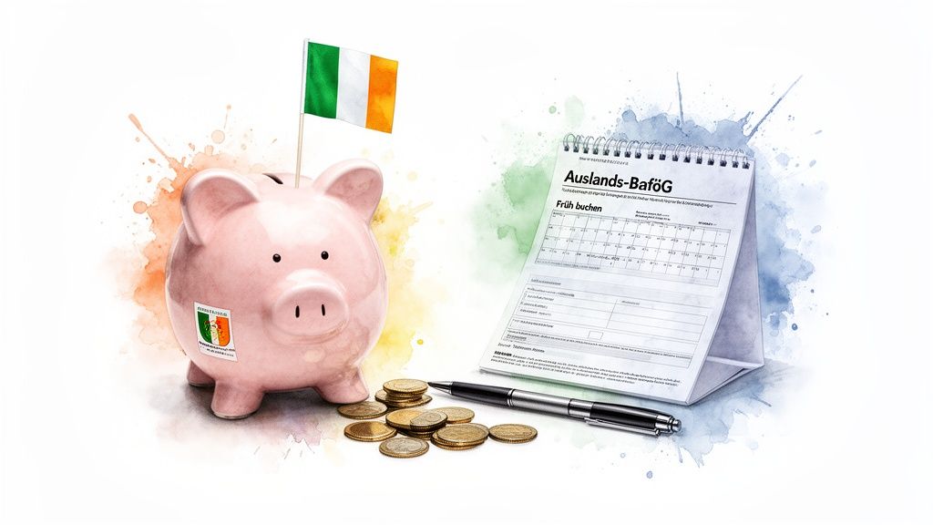 Sparschwein mit irischer Flagge, Münzen und Auslands-BaföG-Kalender, symbolisiert Finanzierung für Auslandsstudium.