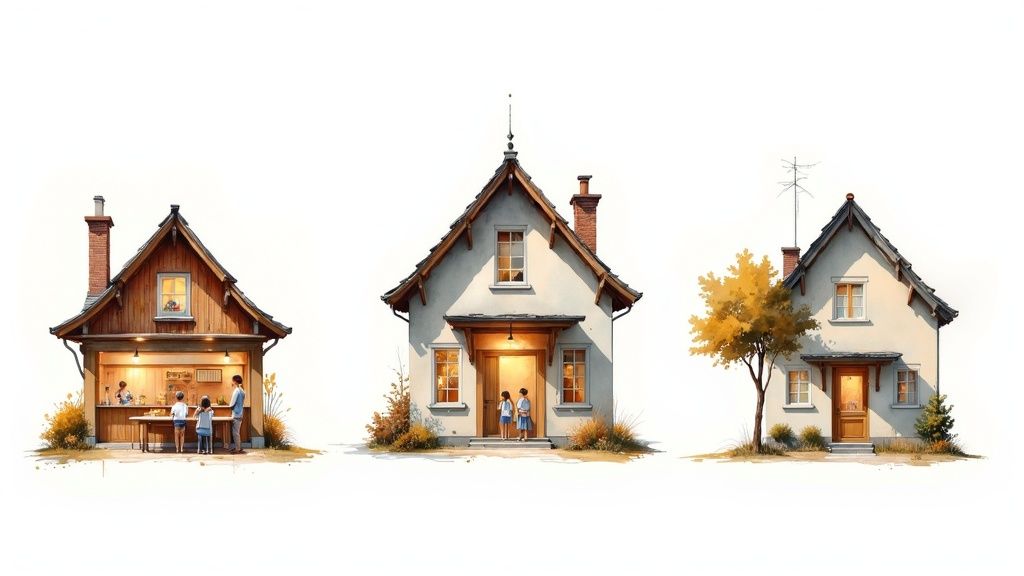 Drei gemütliche kleine Häuser mit warmem Licht, Menschen und Herbstbäumen in Aquarellstil dargestellt