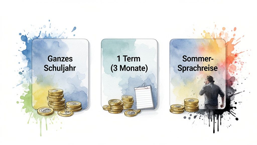 Drei Optionen für Auslandsaufenthalte: Ganzes Schuljahr, 1 Term und Sommer-Sprachreise, illustriert mit Münzstapeln.