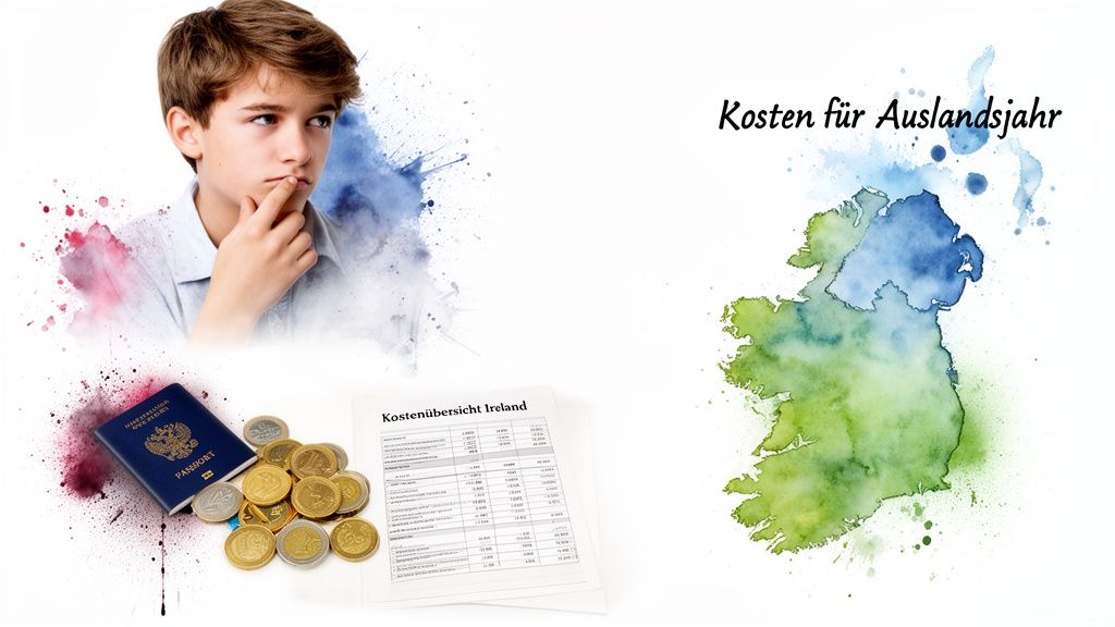 Nachdenklicher Junge plant Auslandsjahr in Irland, umgeben von Reisepass, Euro-Münzen und Kostenübersicht.
