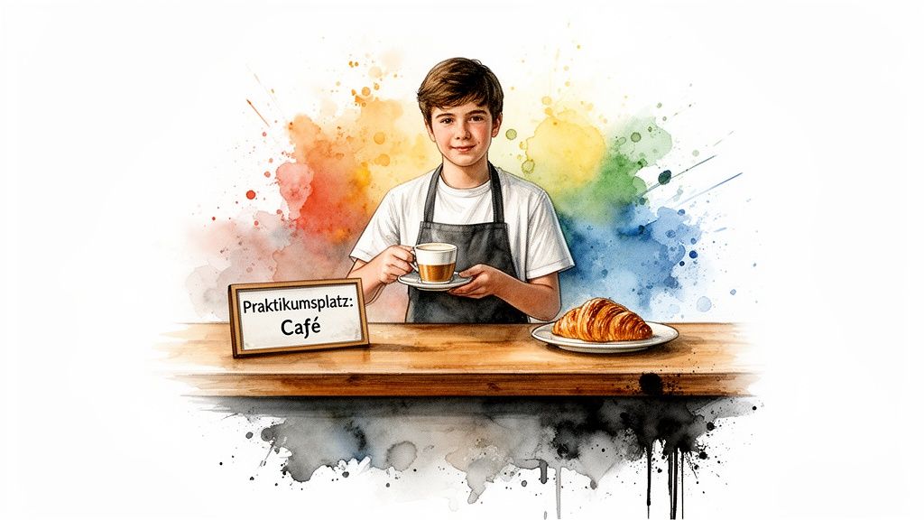 Junger Schüler in Schürze bietet Kaffee und Croissant an, mit Schild 'Praktikumsplatz: Café'.