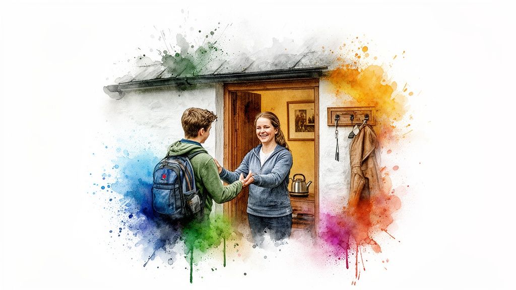 Ein lächelnder Junge mit Rucksack und eine Frau an einer Tür begrüßen sich herzlich.