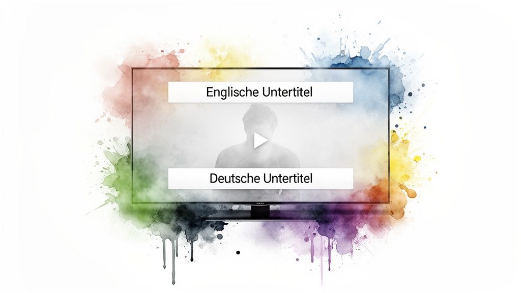 Ein Computermonitor zeigt eine Videoszene mit Auswahloptionen für englische und deutsche Untertitel, umgeben von bunten Aquarellspritzern.