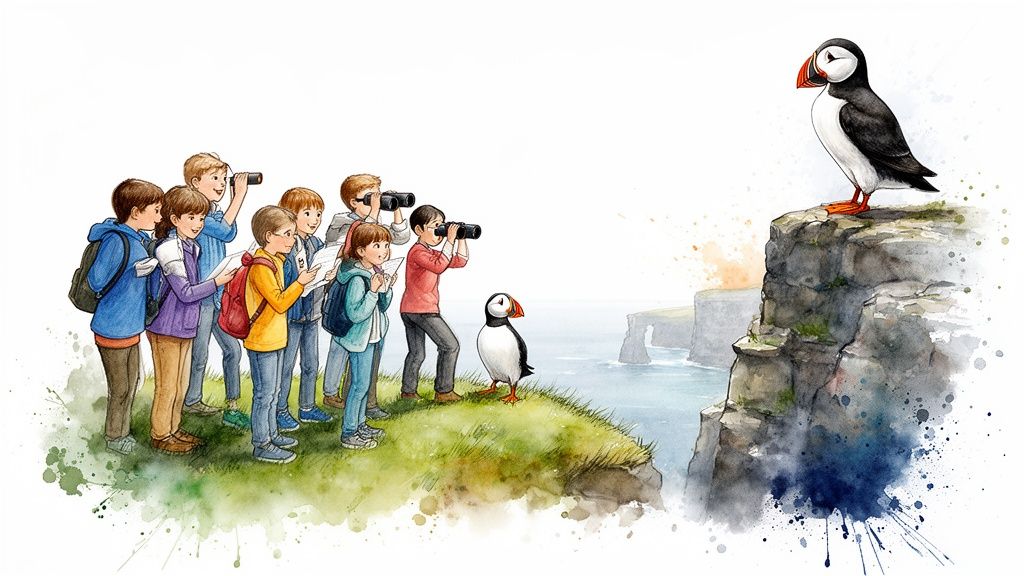 Kinder beobachten Papageientaucher auf einer Klippe am Meer mit Ferngläsern.