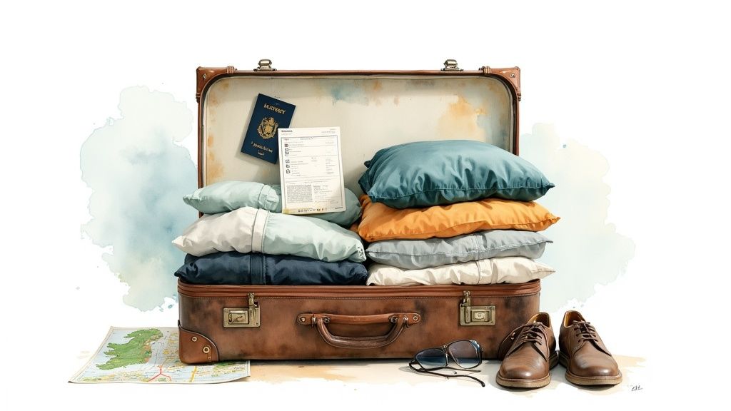 Ein geöffneter brauner Lederkoffer, gefüllt mit Kleidung, daneben Reisepass, Karte und Schuhe.