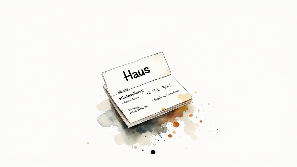 Eine offene Karteikarte mit dem Wort "Haus" und handschriftlichen Notizen auf einem Aquarellhintergrund.