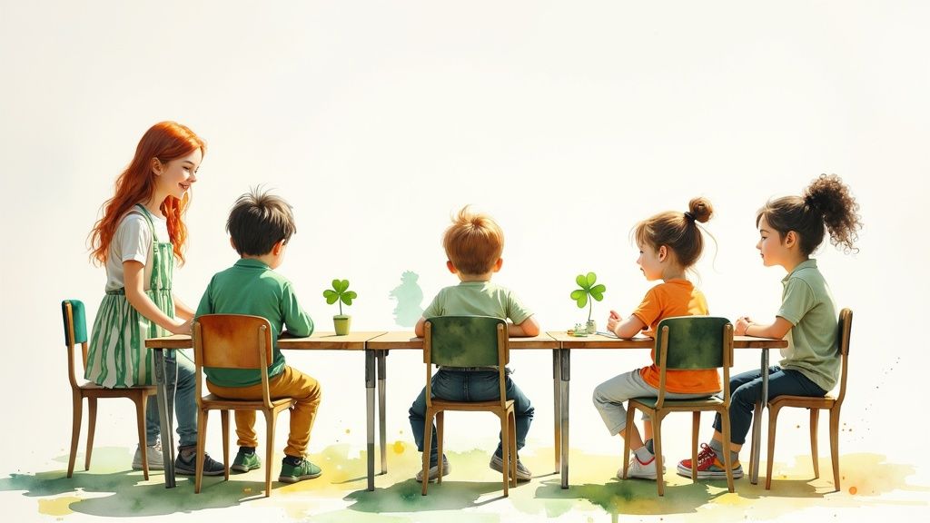 Eine junge Frau unterrichtet fünf Kinder, die an Holztischen sitzen und Kleeblätter betrachten.