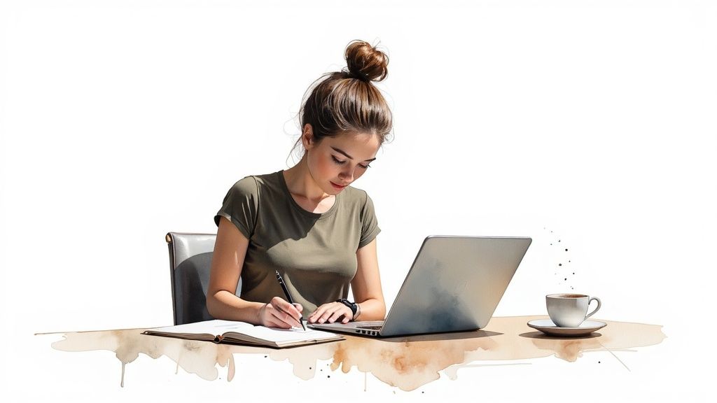 Junge Frau arbeitet am Laptop und schreibt Notizen in ihr Notizbuch am Schreibtisch