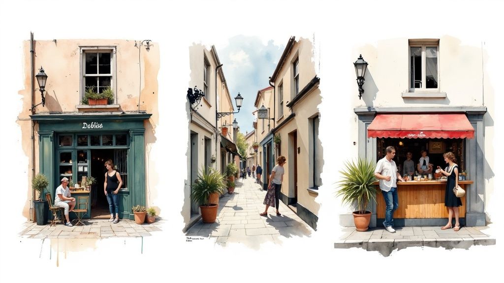 Bunte Häuserreihe an einem Hafen in Irland