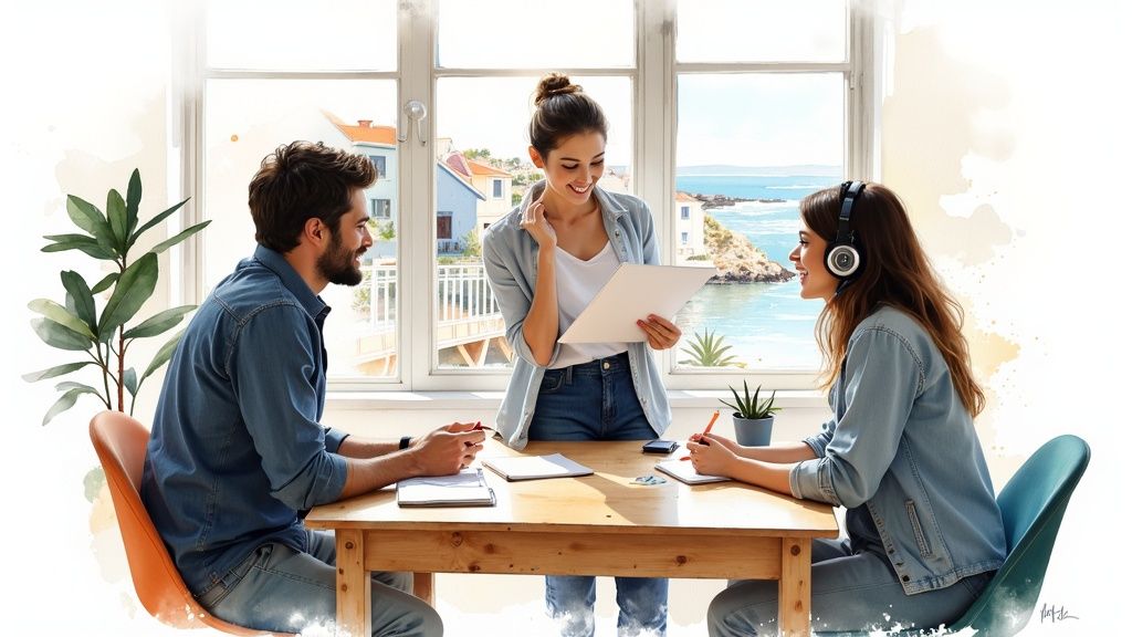 Eine Gruppe von Erwachsenen lernt gemeinsam in einem hellen Klassenzimmer in Irland.