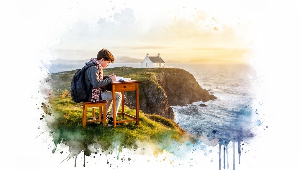 Junge sitzt an Schreibtisch auf grüner Klippe, schreibt, mit Meerblick und Haus bei Sonnenuntergang.