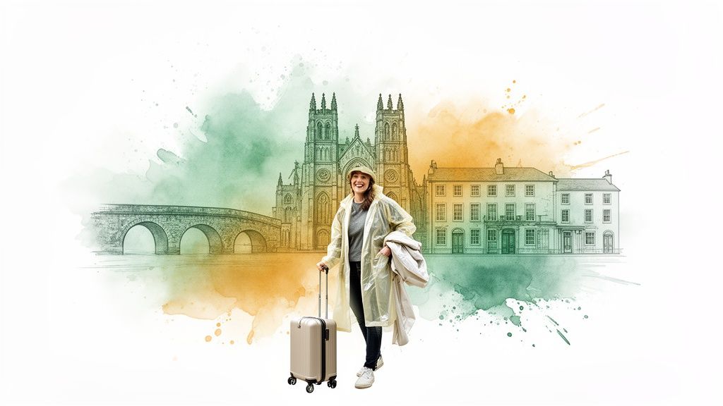 Lachende Frau im Regenponcho mit Koffer vor skizzierten irischen Wahrzeichen und Aquarellhintergrund.