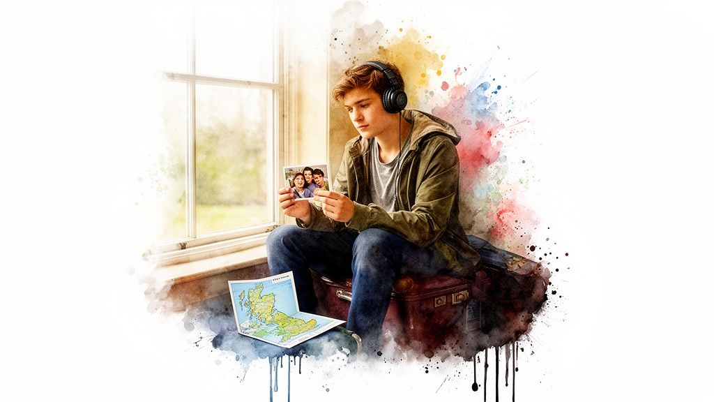 Nachdenklicher junger Mann mit Kopfhörern sitzt am Fenster und betrachtet ein Foto von Freunden.