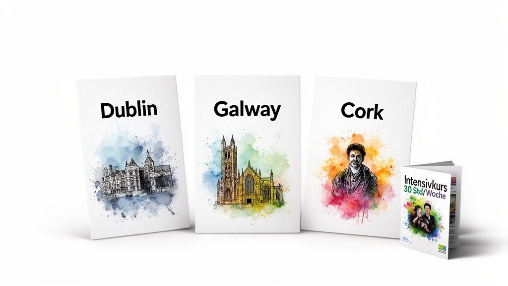 Drei farbenfrohe Broschüren für Dublin, Galway, Cork und ein Flyer für einen Intensiv-Sprachkurs in Irland.