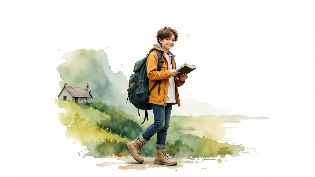 Ein lächelnder Junge mit Rucksack liest ein Buch in einer malerischen Aquarelllandschaft mit einem Haus.