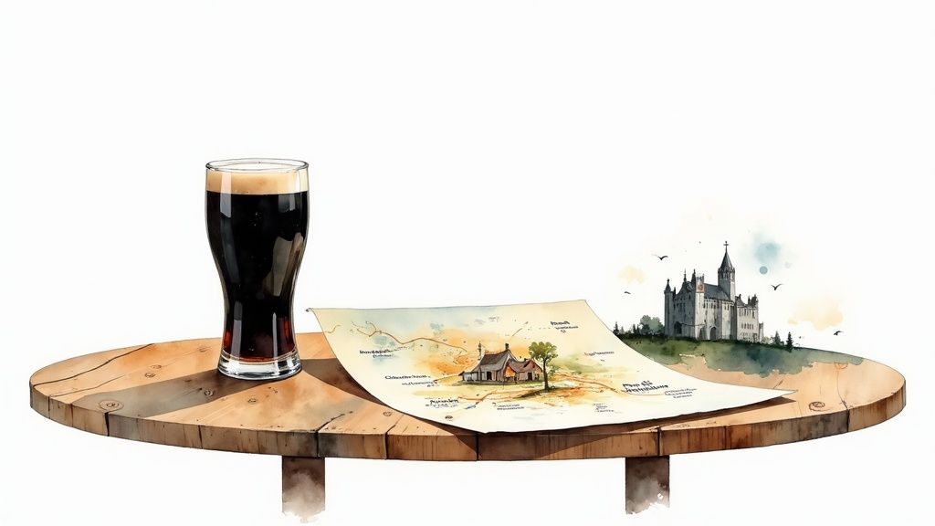 Ein Glas dunkles Bier und eine illustrierte Landkarte mit einer Burg auf einem Holztisch.