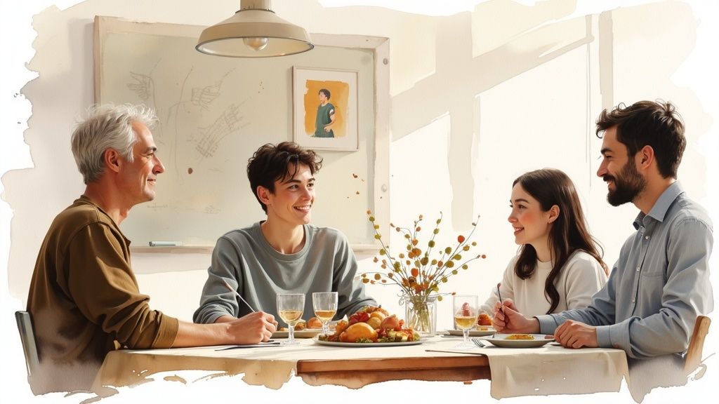 Eine Familie isst gemeinsam an einem Tisch, lächelt und genießt die Mahlzeit in einer freundlichen Atmosphäre.