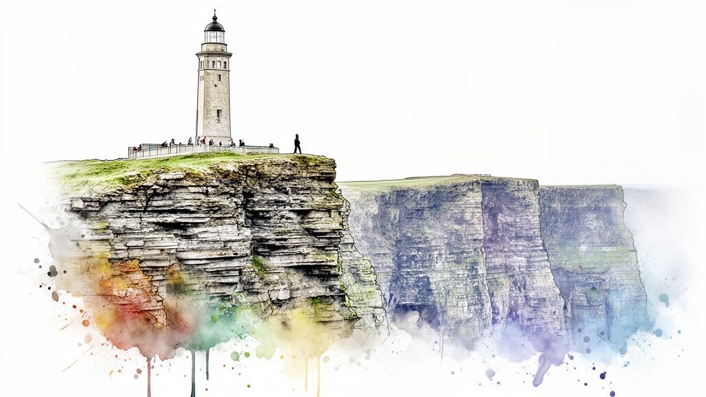 Ein Leuchtturm auf den Klippen von Moher mit einer Person und einem Aquarell-Effekt am unteren Rand.