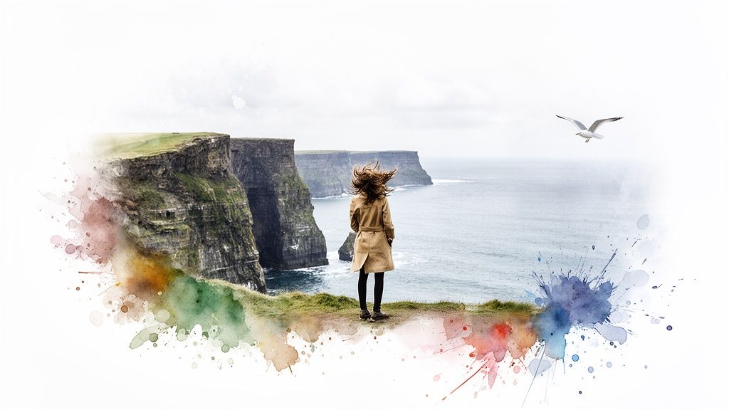 Eine Person steht an den Cliffs of Moher und blickt aufs Meer, mit einer Möwe am Himmel und künstlerischen Farbspritzern.