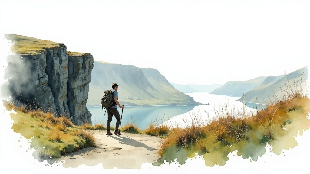 Ein Wanderer mit Rucksack und Wanderstöcken blickt über einen Fjord mit steilen Klippen und Bergen im Aquarellstil.