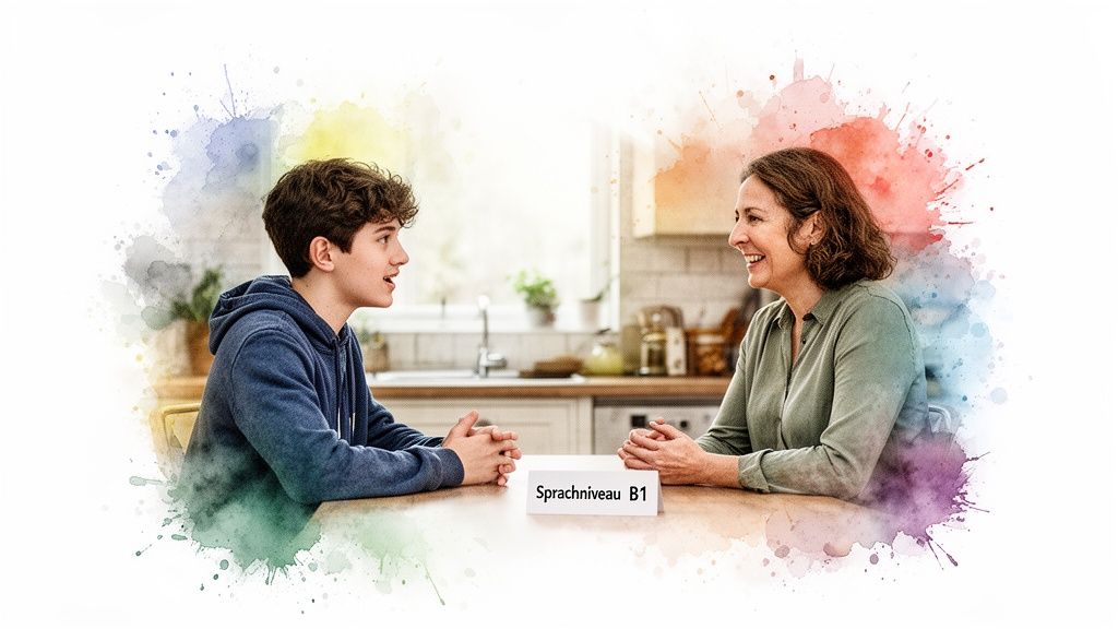 Junge und Frau unterhalten sich lächelnd über das Sprachniveau B1, umgeben von bunten Aquarellspritzern.