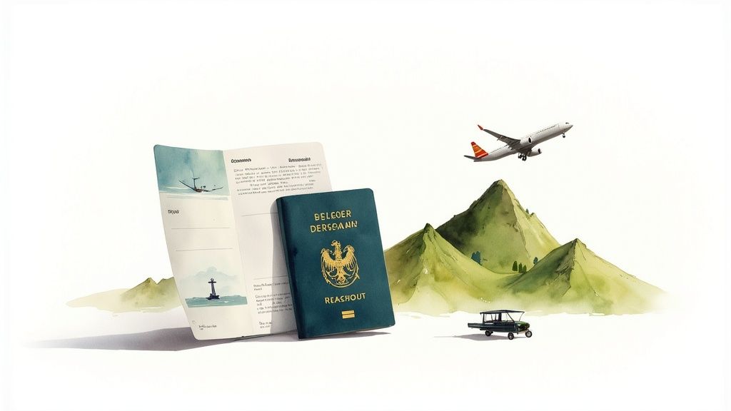 Aquarell-Illustration von Reisepässen, Flugzeug, Bergen und einem kleinen Auto, die Abenteuer symbolisiert.