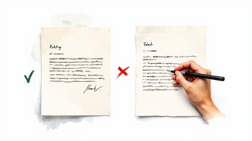 Vergleich von Richtig und Falsch: Ein ordentliches Dokument und ein von Hand korrigiertes Dokument.