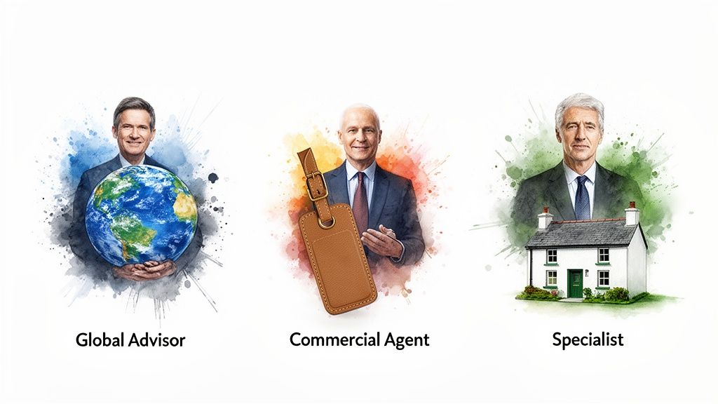 Drei Männer in Anzügen, die Berufsrollen als Global Advisor, Commercial Agent und Spezialist symbolisieren.