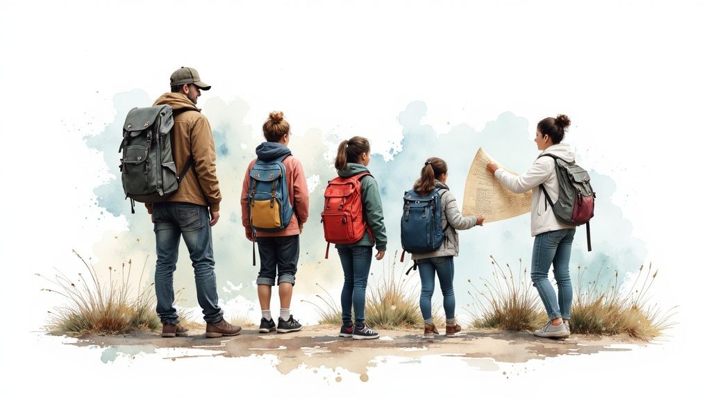 Eine Gruppe von fünf Wanderern mit Rucksäcken, darunter ein Erwachsener und Kinder, studiert eine Landkarte am Wegesrand.