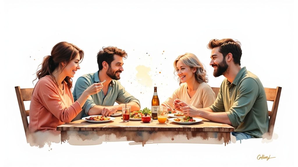 Eine Person plant an einem Holztisch mit Laptop, Notizbuch und irischer Flagge ihre Reise