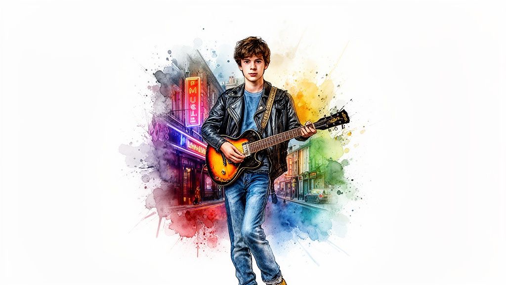 Ein junger Junge spielt Gitarre in einer lebhaften Aquarell-Straßenszene mit bunten Neonlichtern.