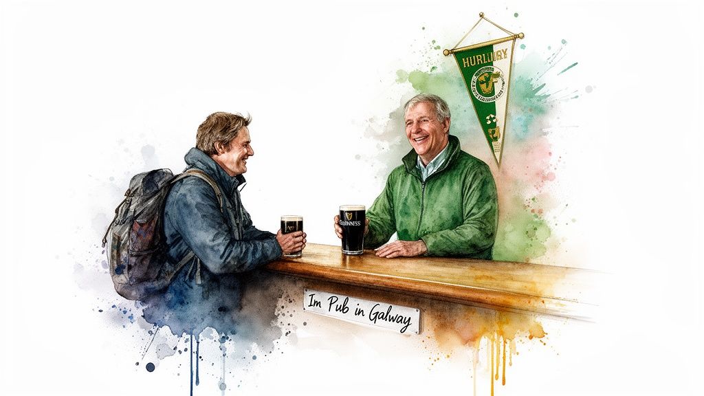 Zwei lachende Männer trinken Guinness an einer Bar in einem Pub in Galway, Irland.