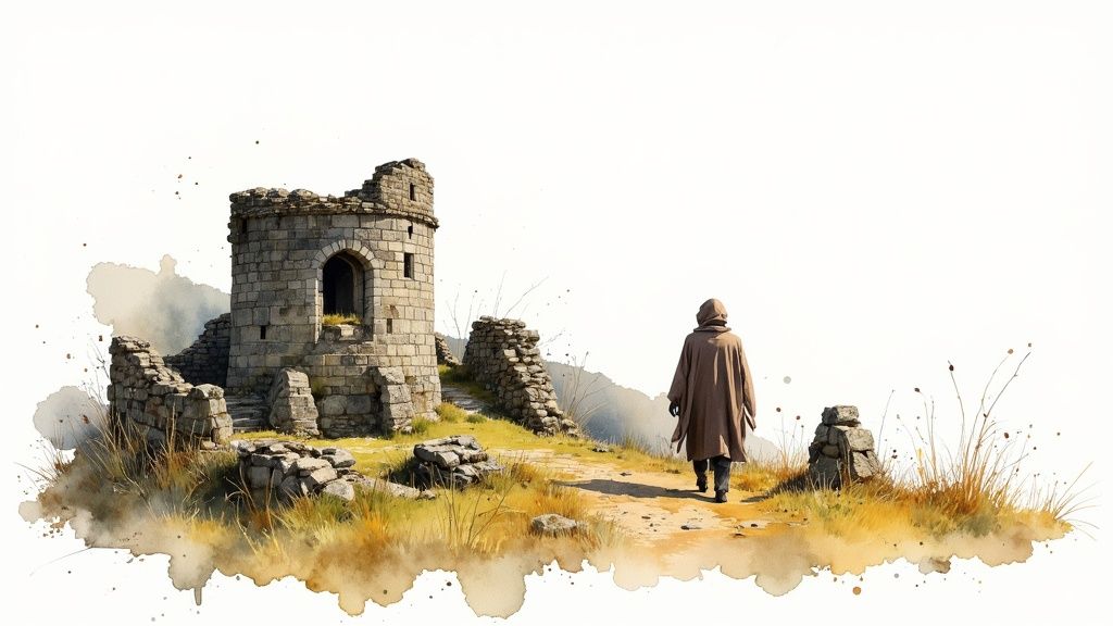 Eine Person im Kapuzenmantel geht auf einem Pfad zu alten Steinruinen in einer malerischen Landschaft im Aquarell-Stil.