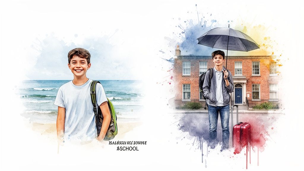 Zwei Illustrationen eines Jungen: links am Strand mit Rucksack, rechts vor Gebäude mit Regenschirm und Koffer.