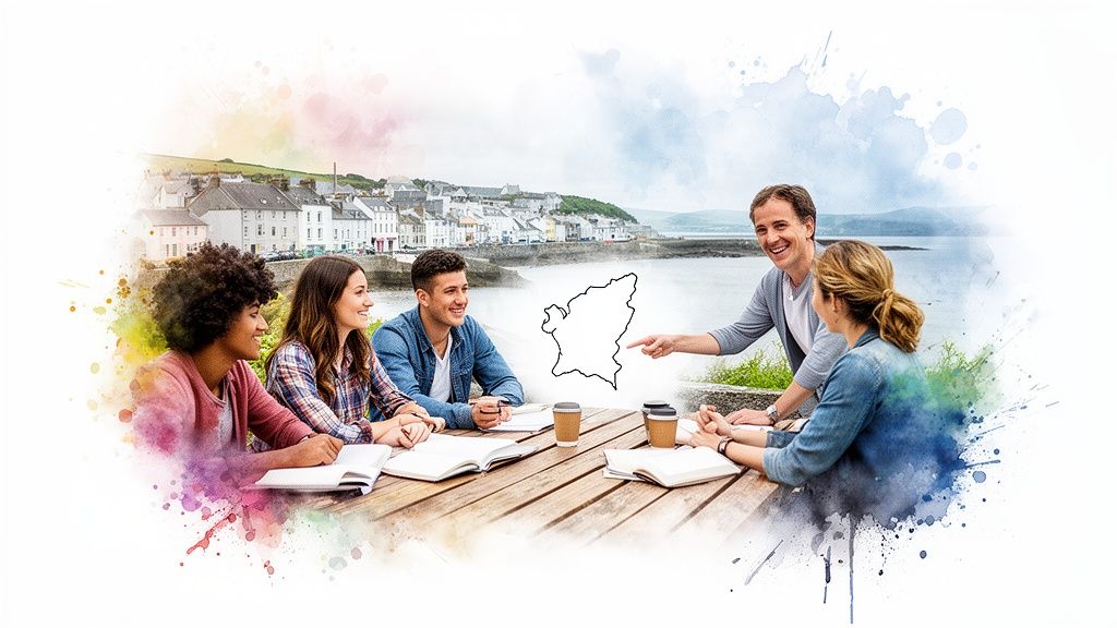 Studenten und Lehrer lernen im Freien an einem Tisch, mit einer Karte und Küstenstadt im Hintergrund.