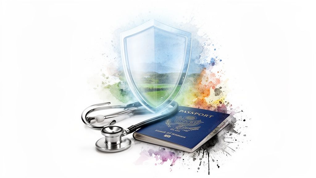 Stethoskop, Reisepass und Schutzschild symbolisieren Krankenversicherung und Sicherheit auf Reisen.