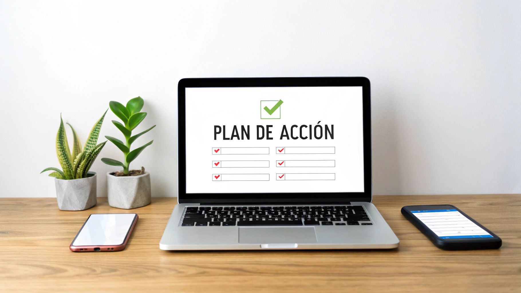 Laptop muestra 'Plan de Acción' con casillas de verificación en un escritorio con plantas y smartphones.