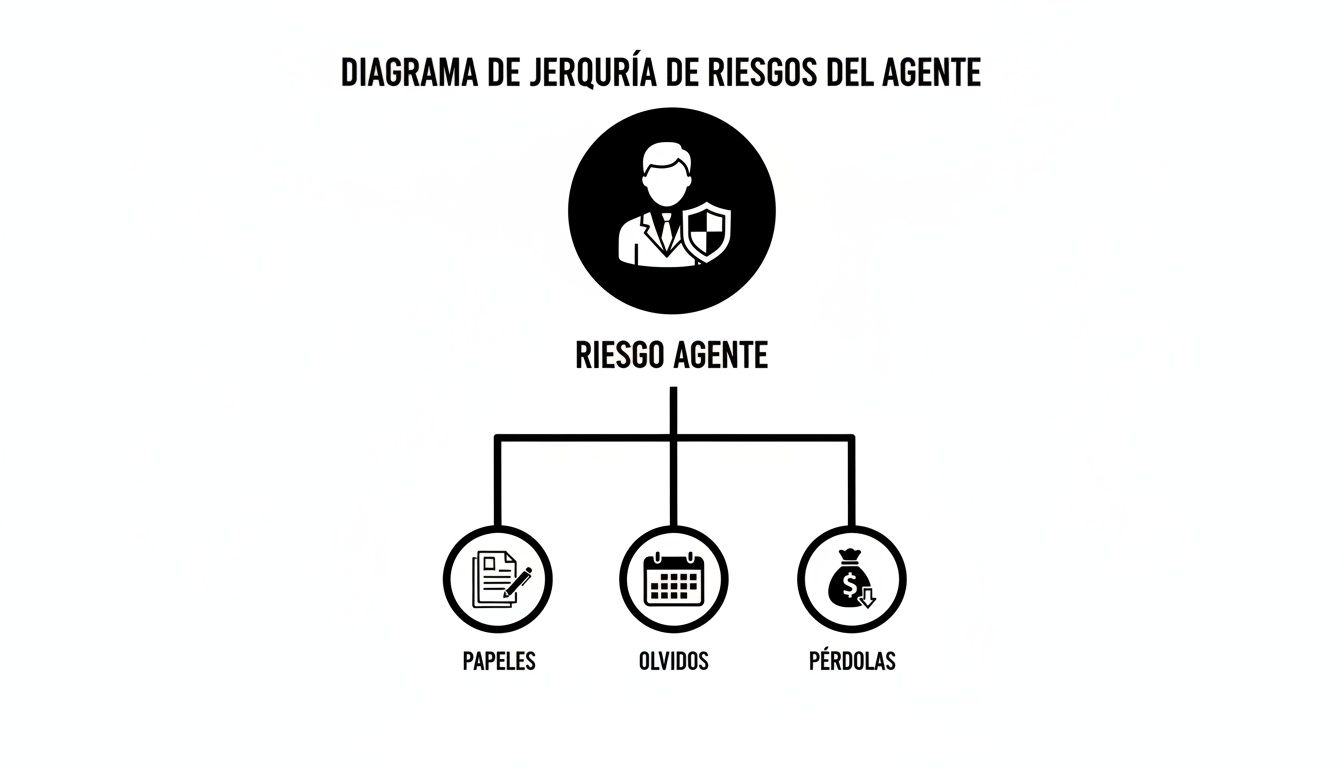 Diagrama de jerarquía que ilustra los riesgos principales del agente: papeles, olvidos y pérdidas.