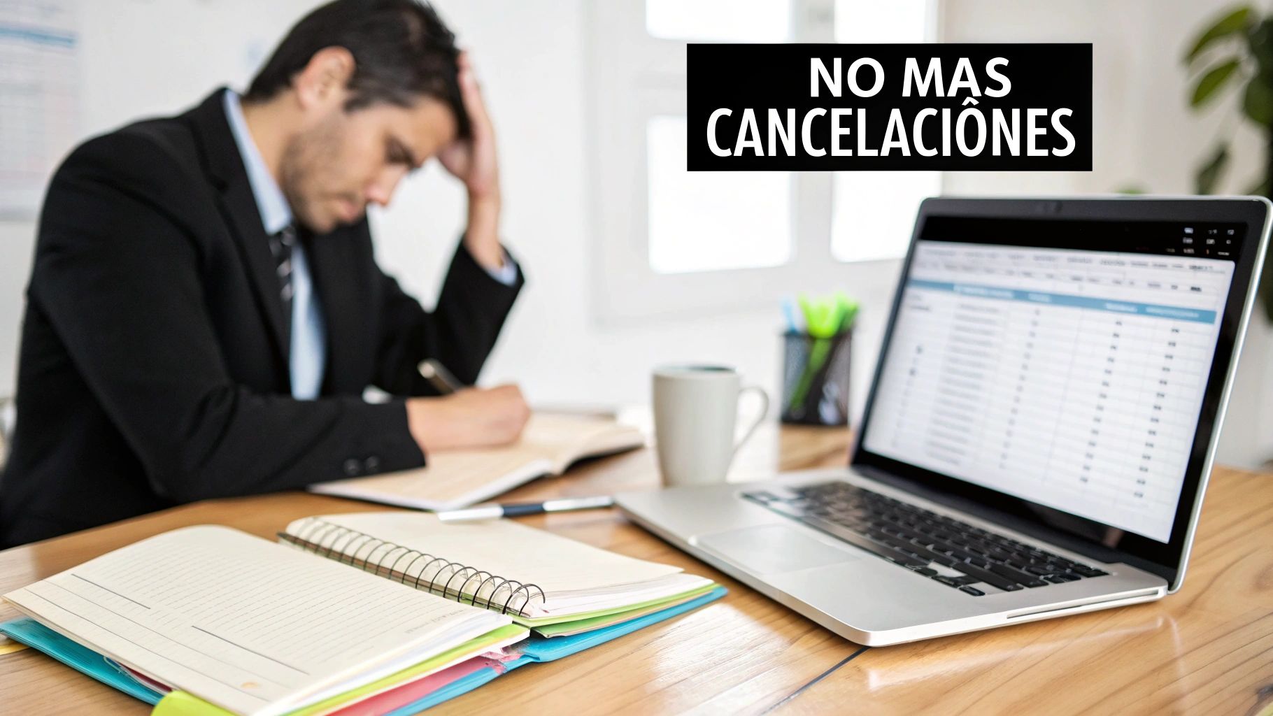 Hombre de negocios estresado en su oficina, con laptop y notas, enfrentando el texto 'NO MAS CANCELACIONES'.