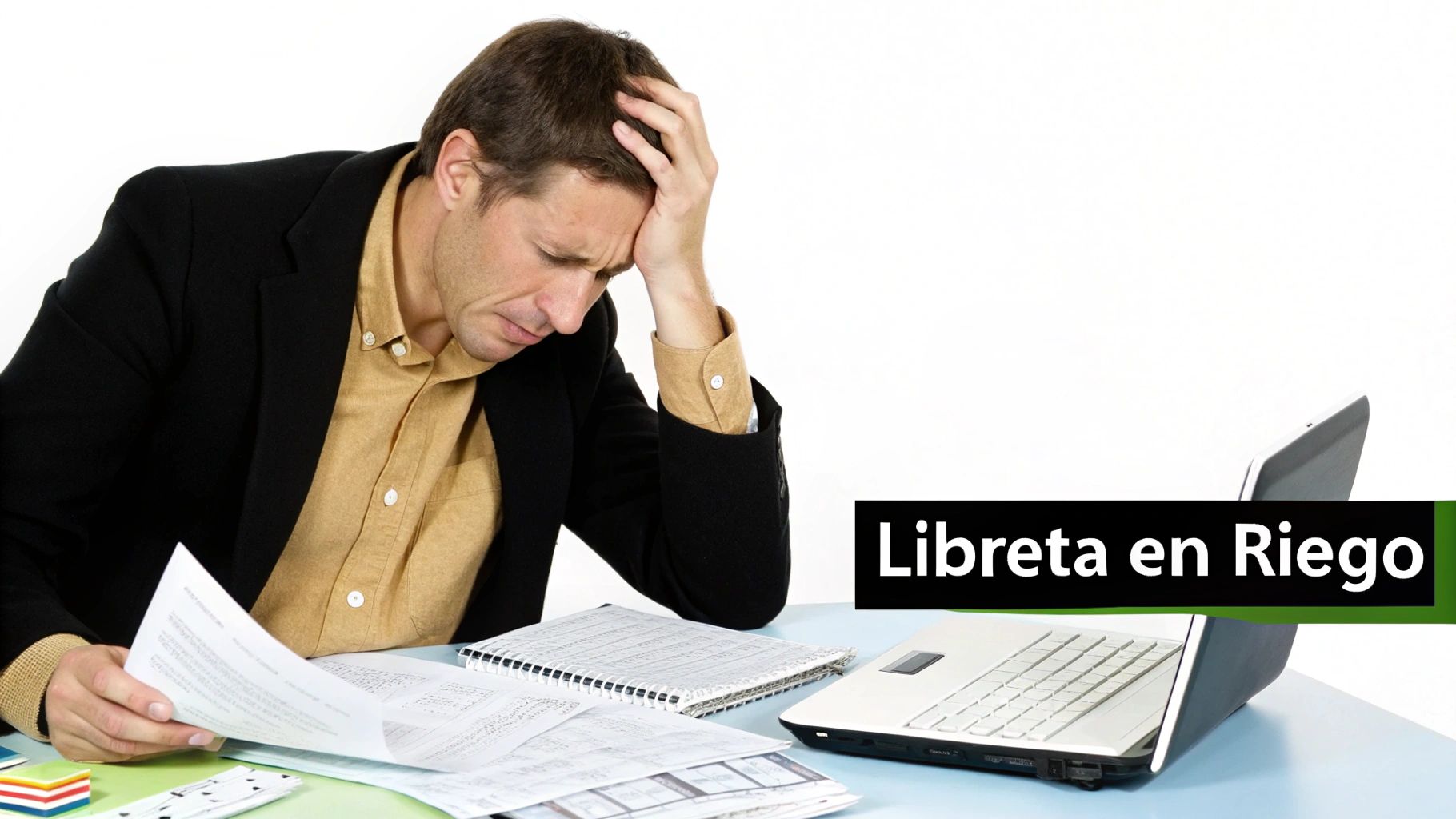 Hombre estresado revisando documentos en un escritorio con un portátil, con el texto "Libreta en Riesgo".