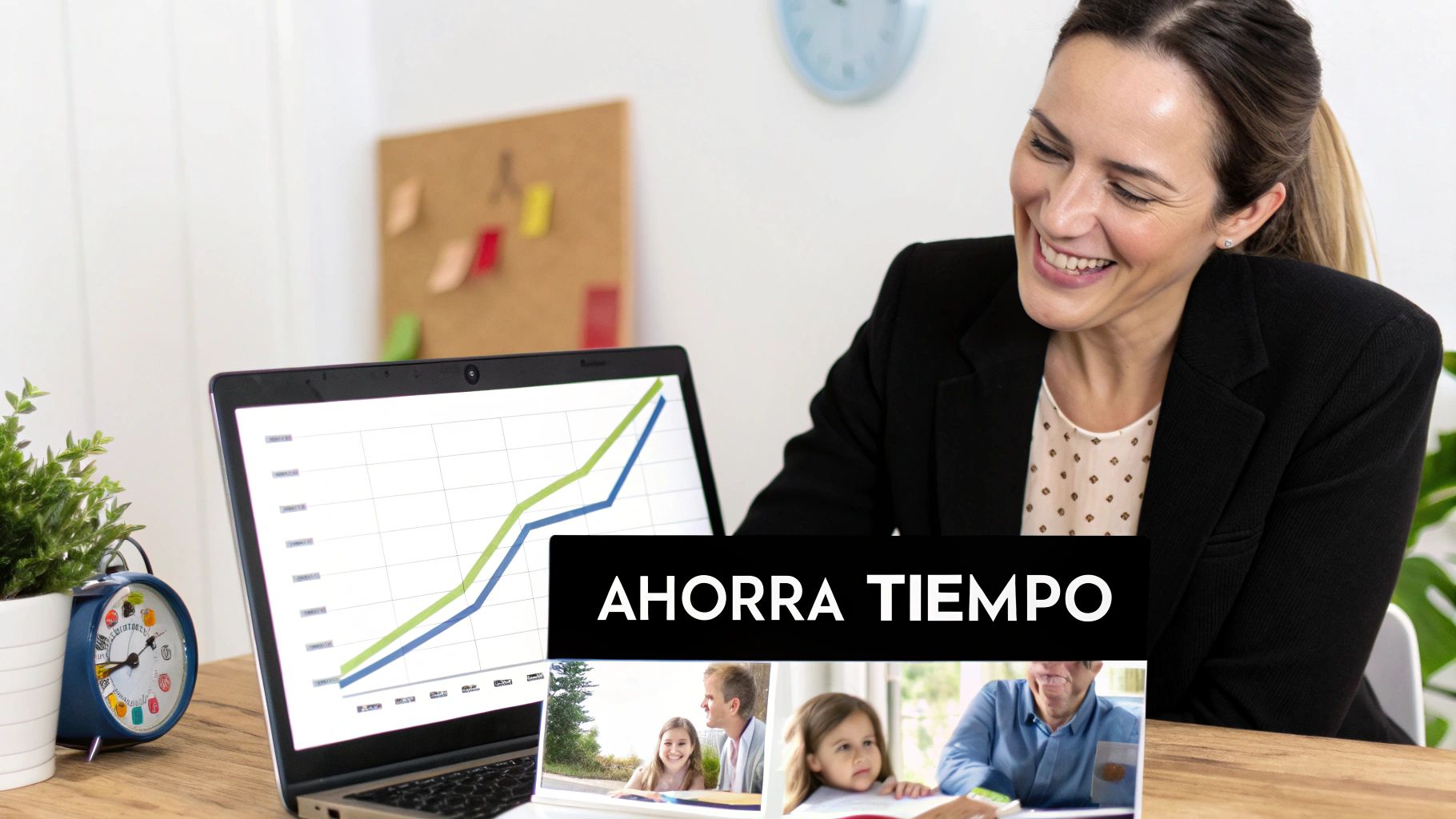 Mujer sonriente mirando un portátil con un gráfico de crecimiento y el mensaje "AHORRA TIEMPO", simbolizando eficiencia.