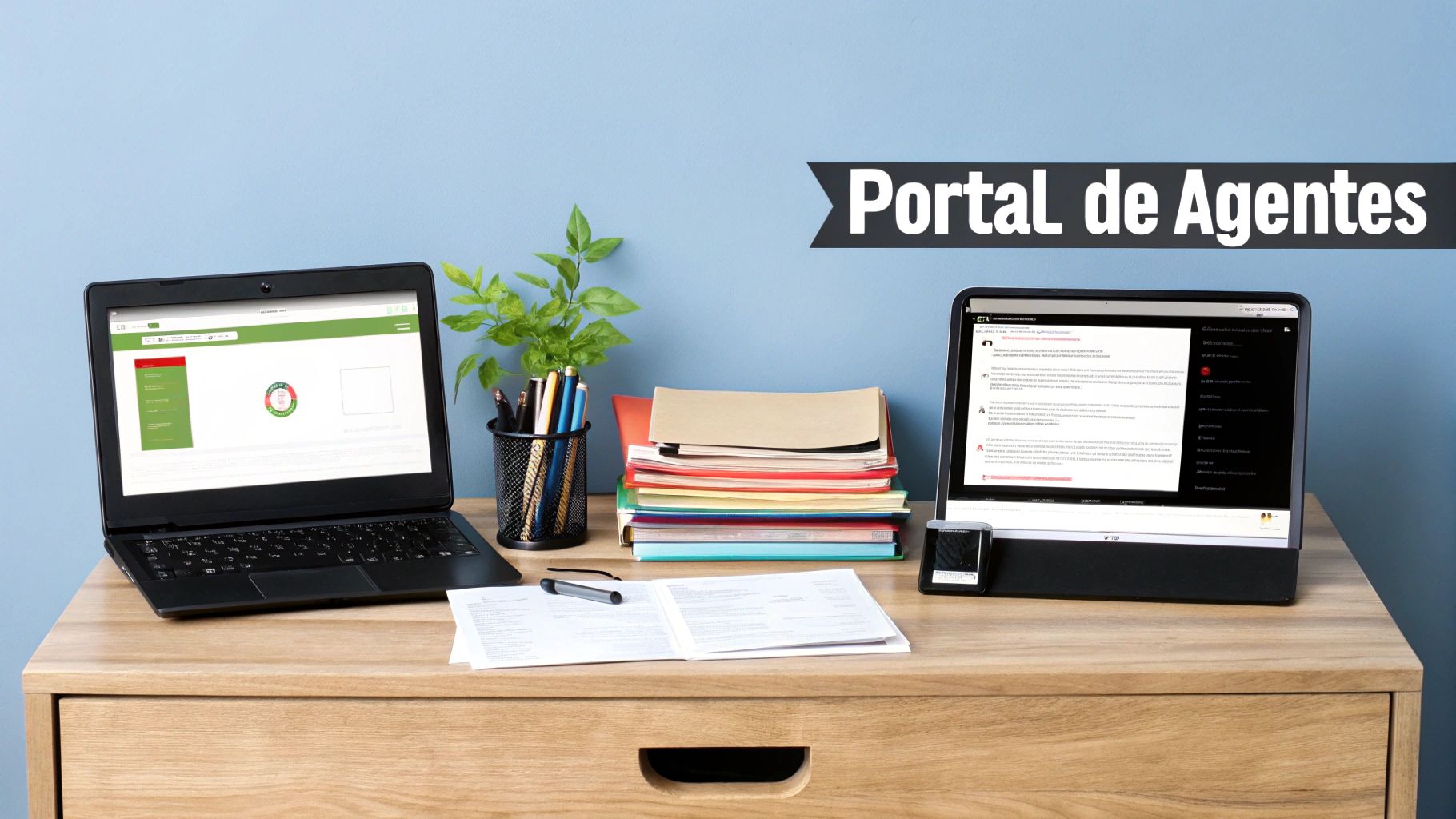 Escritorio de oficina con dos portátiles, documentos, y un cartel con el texto "Portal de Agentes".